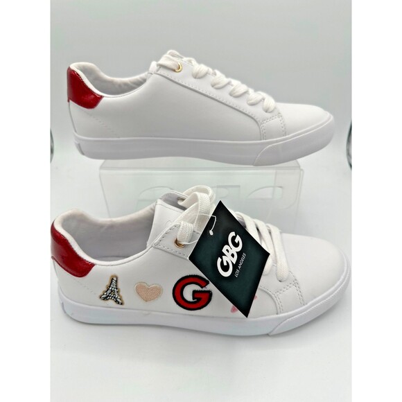 GBG Los Angeles White Sneakers 6.5 Paris Patch Red Heel - Picture 1 of 12